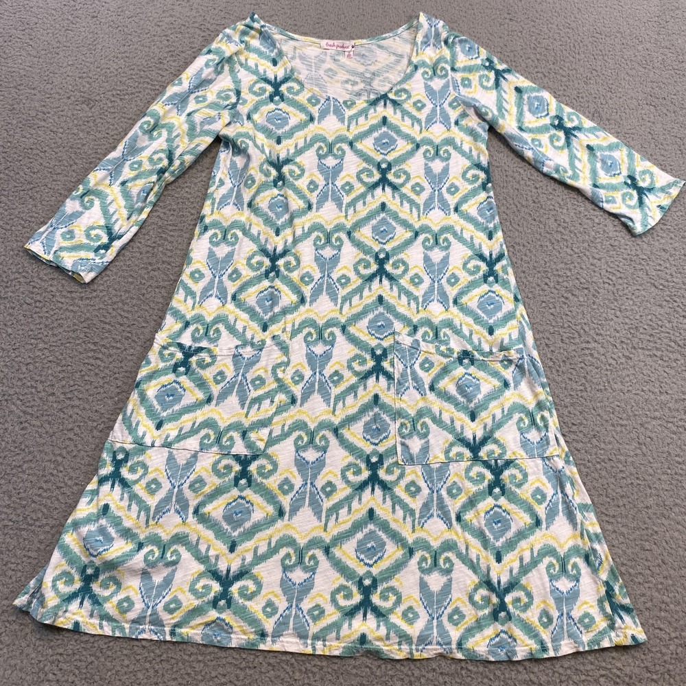 Fresh Produce Dress Womens‎ XS Green Yellow Ikat Print 3/4 Sleeve Pockets USA